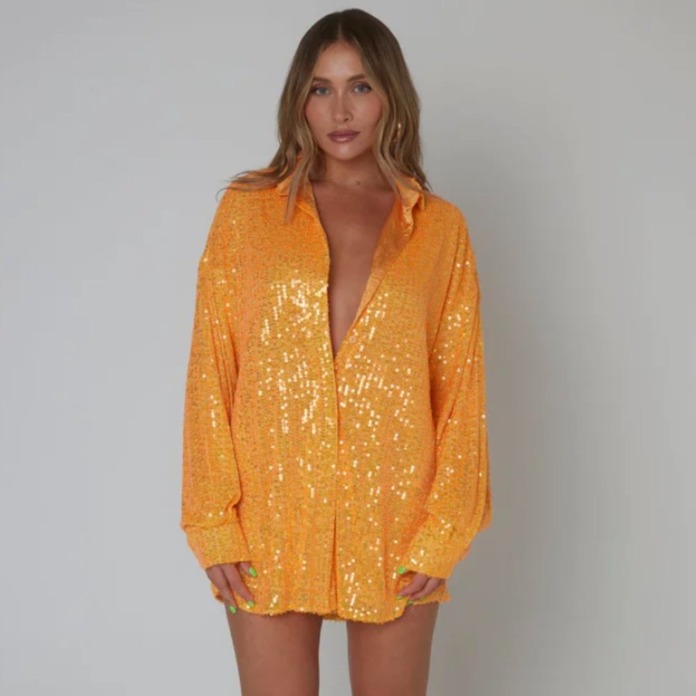 SLA The Label Orange Ibiza Sequin Shirt Dress